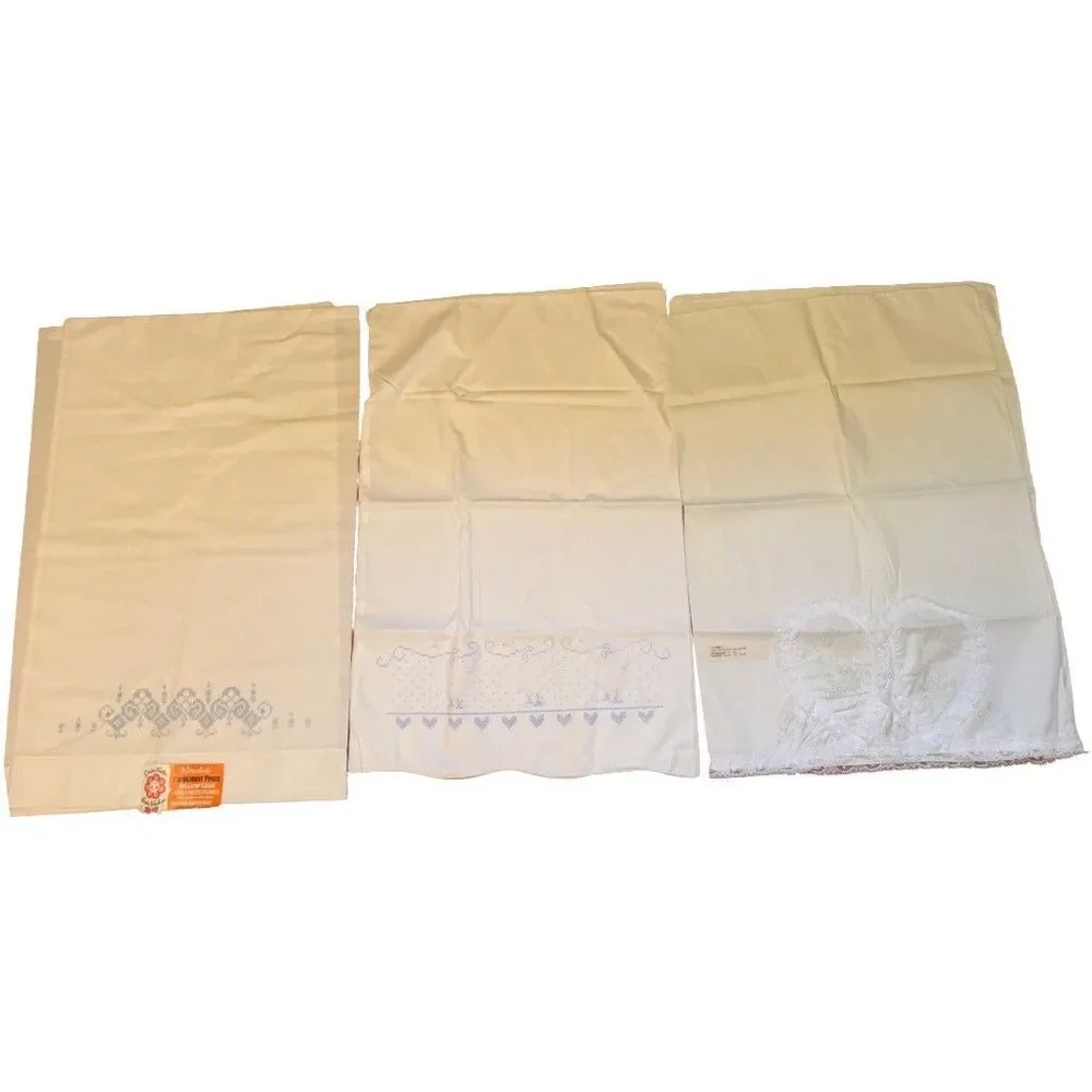 Vintage Stamped Cross Stitch Pillowcase Set of 6 Floral Geese Butterfly Lace
